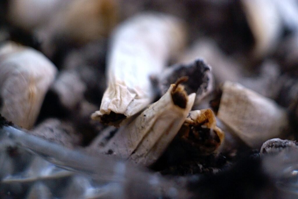 Gros plan sur des mégots de cigarettes froissés dans la cendre