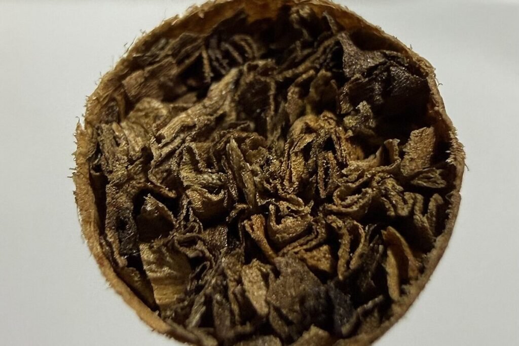 Gros plan sur l'extrémité d'une cigarette montrant le tabac haché à l'intérieur
