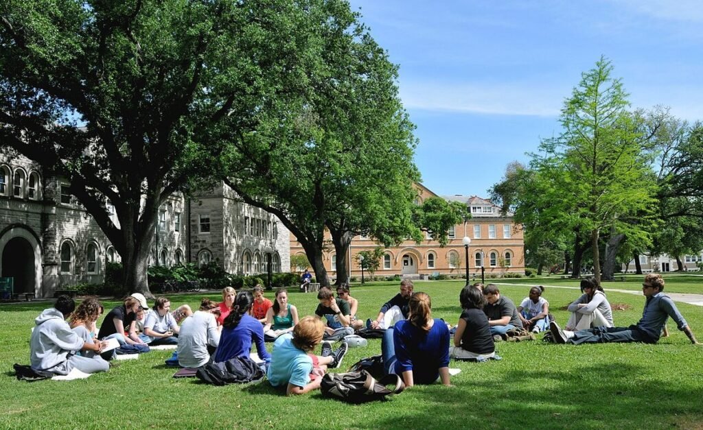 Groupe d'étudiants assis en cercle sur la pelouse d'un campus, à l'ombre de grands arbres